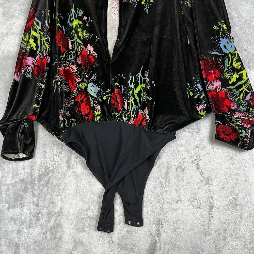 Free People Intimately Velvet Floral Bodysuit Black Dolman Sleeve Small S